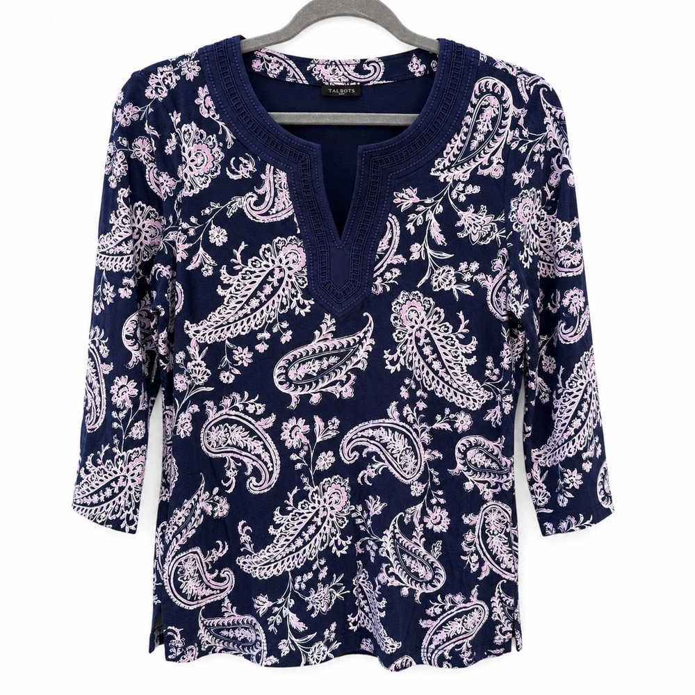 Talbots Womens‎ S Top Navy Pink Paisley Pima Cotton Modal Preppy Cottagecore